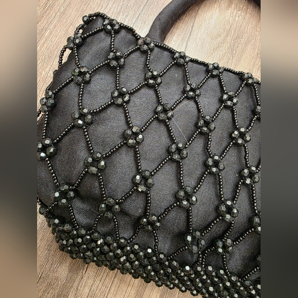 Lancome black beaded evening bag clutch wristlet satin silk Whimsigoth prom